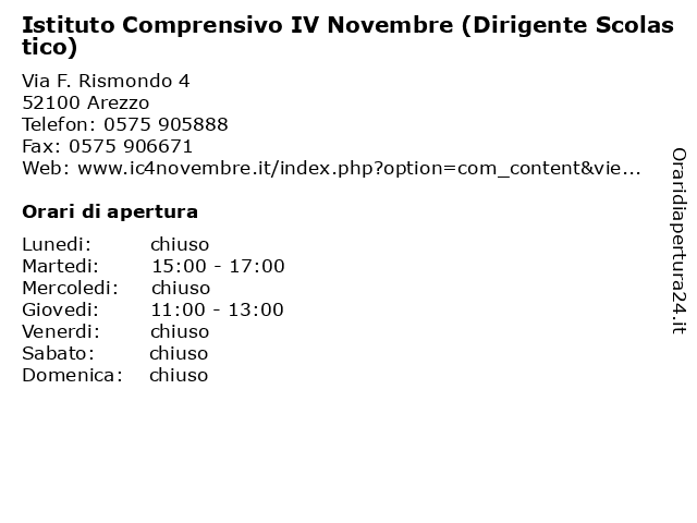 Orari di apertura Istituto Comprensivo IV Novembre Dirigente